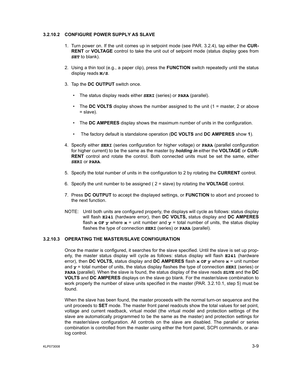 2 configure power supply as slave, 3 operating the master/slave configuration, Configure power supply as slave -9 | Operating the master/slave configuration -9 | KEPCO KLP Series (older -1200 models) Operator Manual User Manual | Page 49 / 110