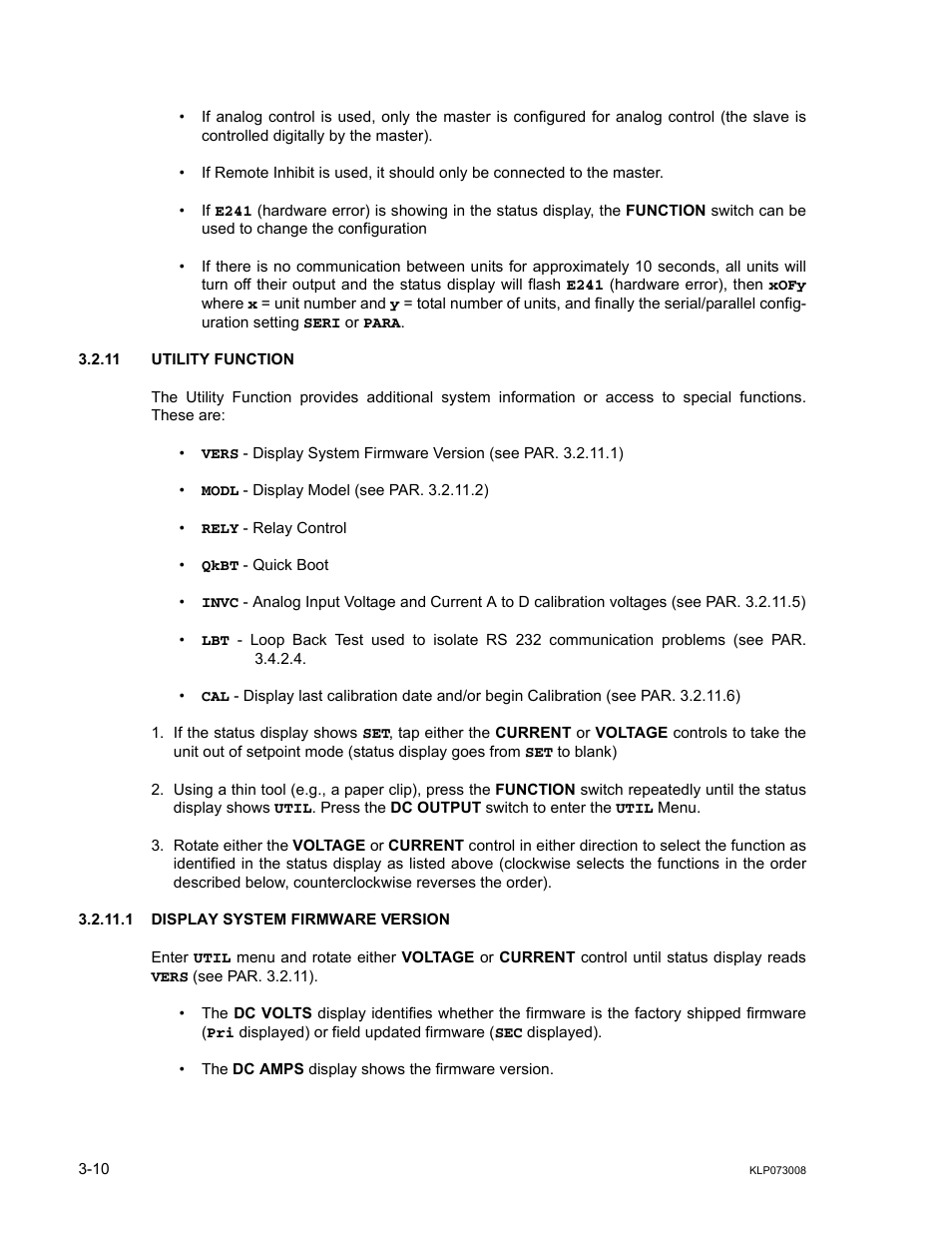 11 utility function, 1 display system firmware version, Utility function -10 | Display system firmware version -10 | KEPCO KLP Series (older -1200 models) Operator Manual User Manual | Page 50 / 110