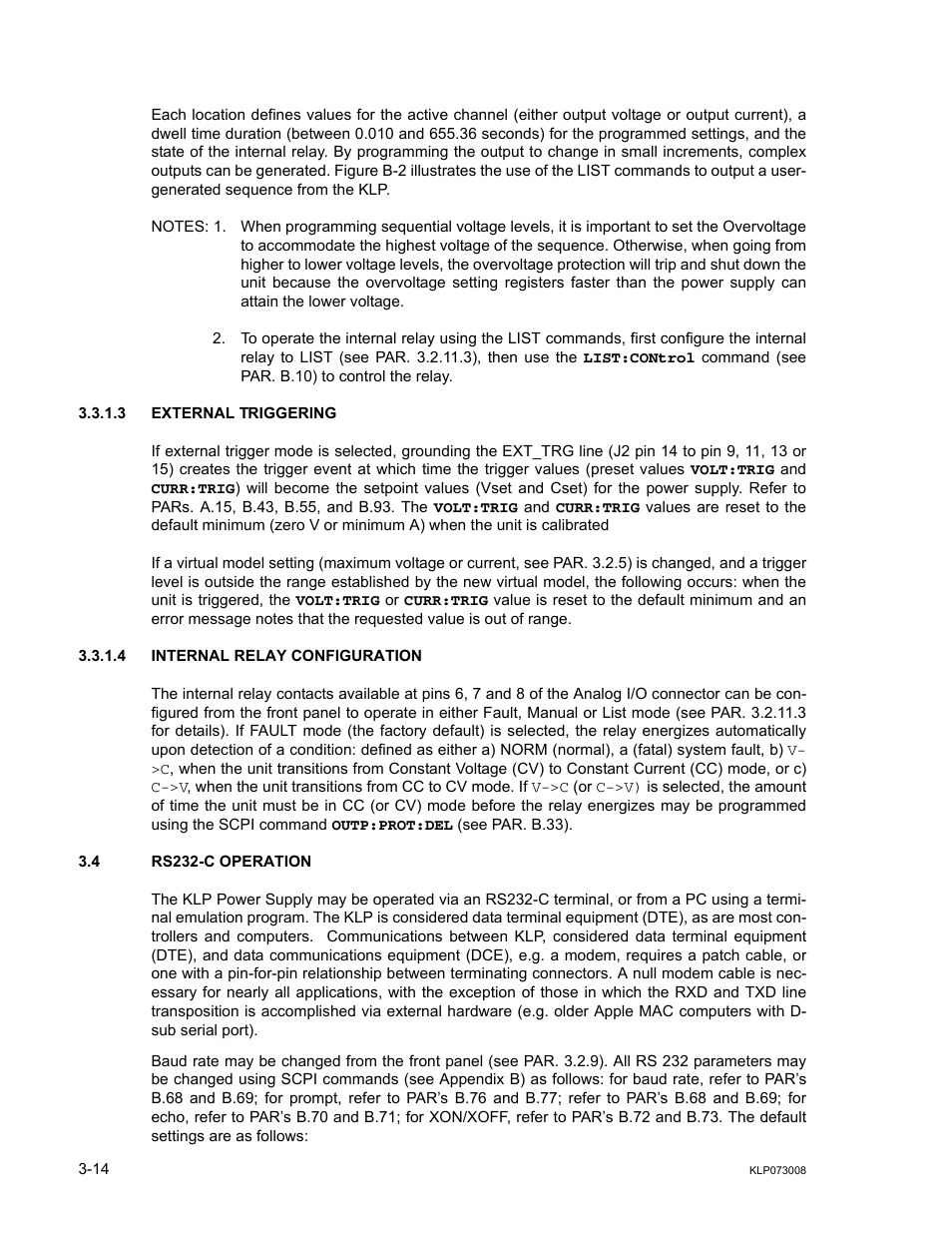 3 external triggering, 4 internal relay configuration, 4 rs232-c operation | External triggering -14, Internal relay configuration -14, Rs232-c operation -14, R. 3.3.1.3), R. 3.3.1.3 fo, R. 3.4) | KEPCO KLP Series (older -1200 models) Operator Manual User Manual | Page 54 / 110