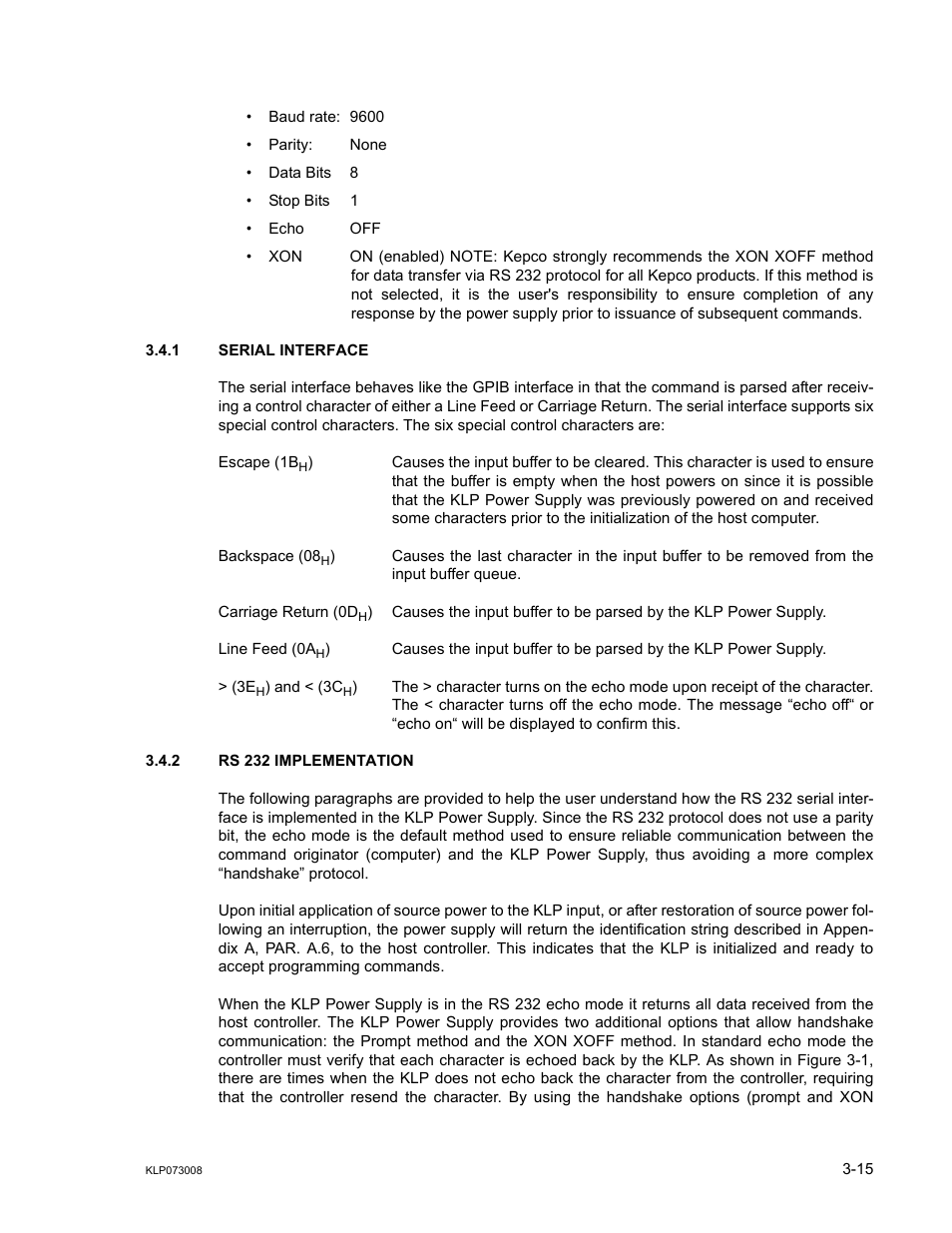 1 serial interface, 2 rs 232 implementation, Serial interface -15 | Rs 232 implementation -15 | KEPCO KLP Series (older -1200 models) Operator Manual User Manual | Page 55 / 110