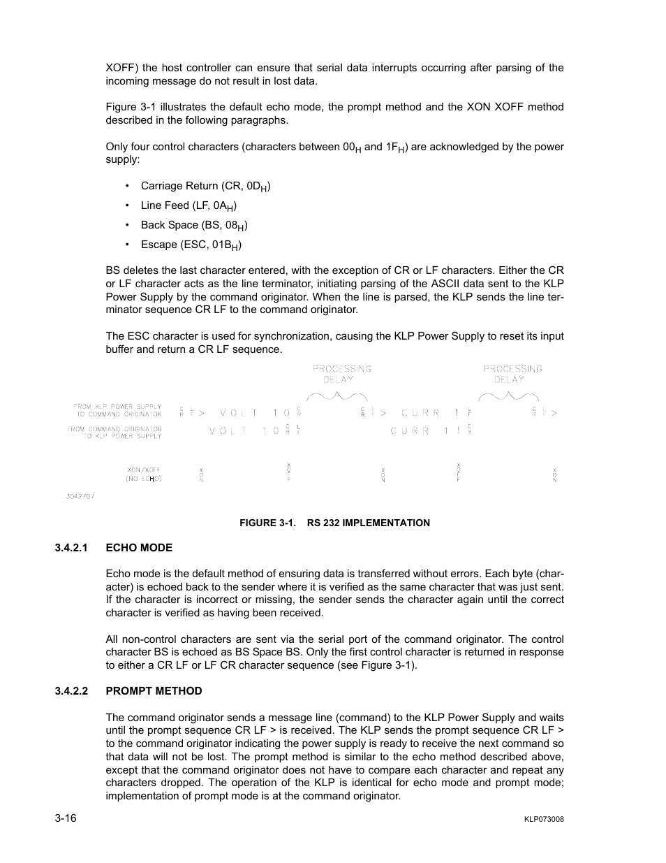 Figure 3-1. rs 232 implementation, 1 echo mode, 2 prompt method | Echo mode -16, Prompt method -16, Rs 232 implementation -16 | KEPCO KLP Series (older -1200 models) Operator Manual User Manual | Page 56 / 110