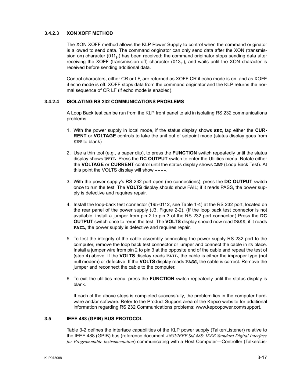 3 xon xoff method, 4 isolating rs 232 communications problems, 5 ieee 488 (gpib) bus protocol | Xon xoff method -17, Isolating rs 232 communications problems -17, Ieee 488 (gpib) bus protocol -17, R. 3.5, R. 3.5), 5), instruc | KEPCO KLP Series (older -1200 models) Operator Manual User Manual | Page 57 / 110