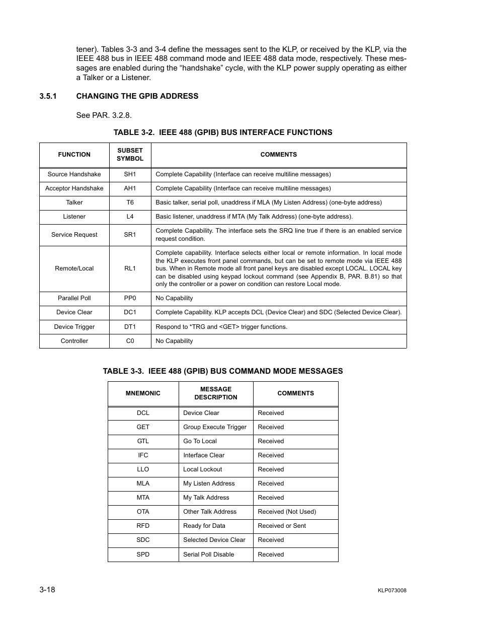 1 changing the gpib address, Table 3-2. ieee 488 (gpib) bus interface functions, Changing the gpib address -18 | Ieee 488 (gpib) bus interface functions -18, Ieee 488 (gpib) bus command mode messages -18, Ble 3-2 defines | KEPCO KLP Series (older -1200 models) Operator Manual User Manual | Page 58 / 110