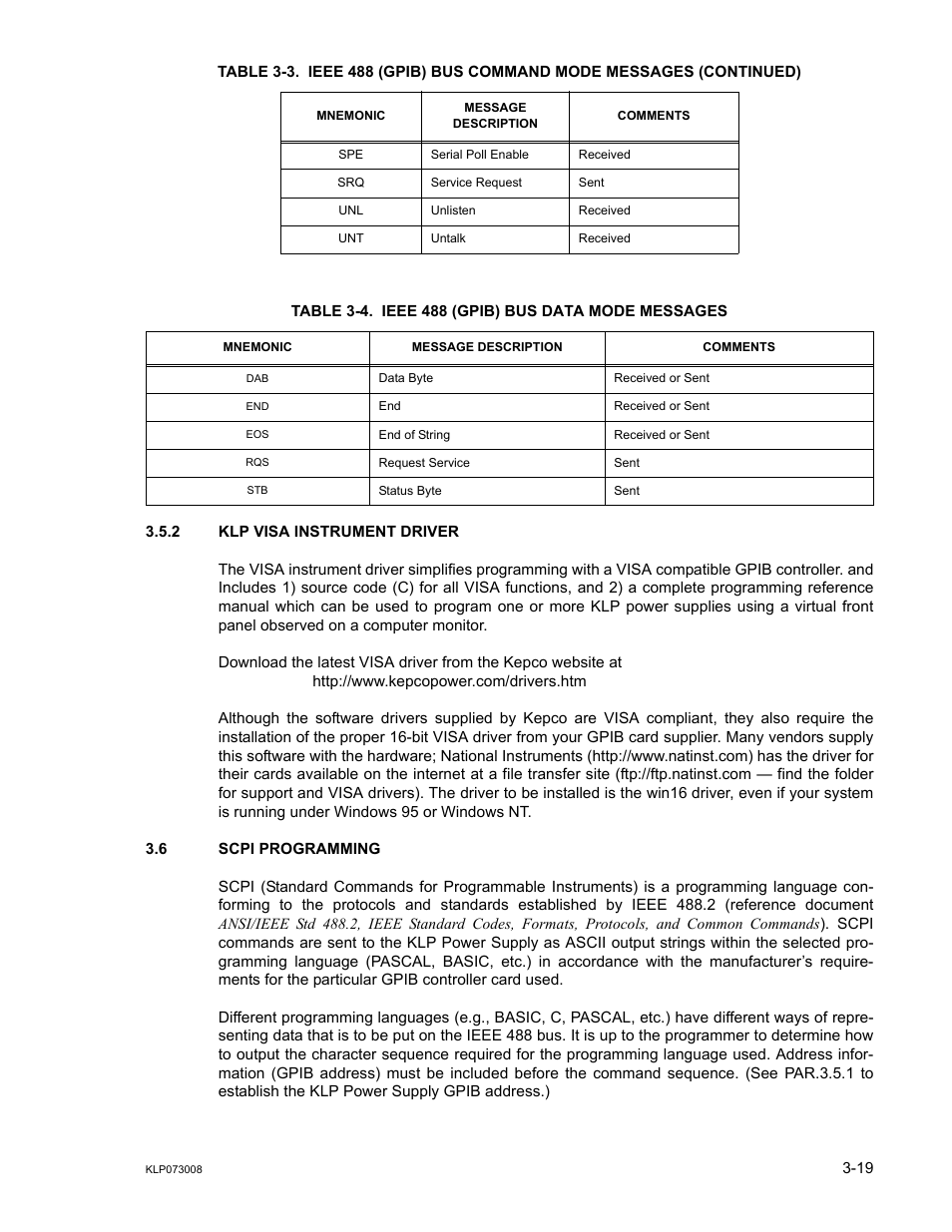 Table 3-4. ieee 488 (gpib) bus data mode messages, 2 klp visa instrument driver, 6 scpi programming | Klp visa instrument driver -19, Scpi programming -19, Ieee 488 (gpib) bus data mode messages -19, Ar. 3.5.2), Ar. 3.6) | KEPCO KLP Series (older -1200 models) Operator Manual User Manual | Page 59 / 110