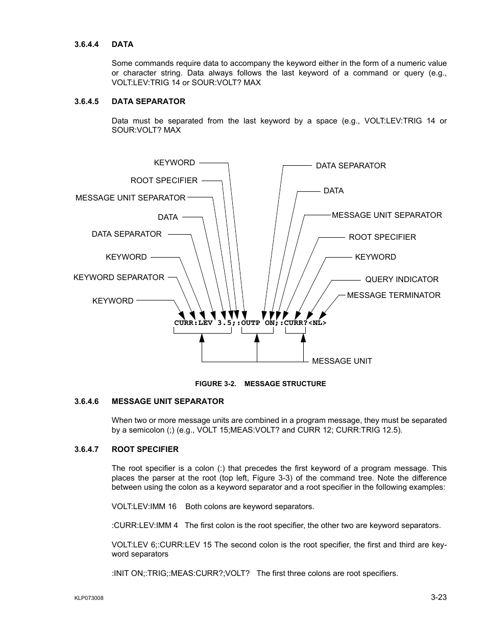 4 data, 5 data separator, Figure 3-2. message structure | 6 message unit separator, 7 root specifier, Data -23, Data separator -23, Message unit separator -23, Root specifier -23, Message structure -23 | KEPCO KLP Series (older -1200 models) Operator Manual User Manual | Page 63 / 110