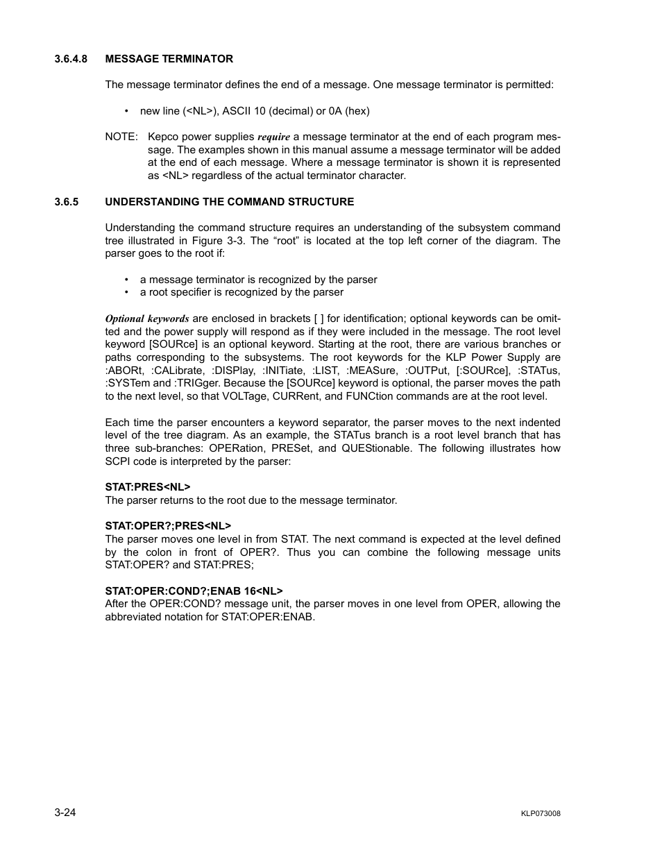 8 message terminator, 5 understanding the command structure, Message terminator -24 | Understanding the command structure -24 | KEPCO KLP Series (older -1200 models) Operator Manual User Manual | Page 64 / 110