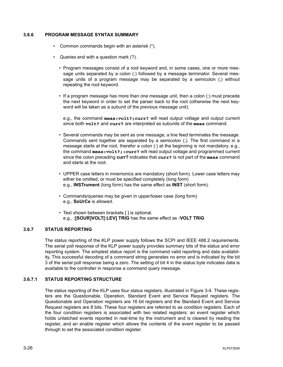 6 program message syntax summary, 7 status reporting, 1 status reporting structure | Program message syntax summary -26, Status reporting -26, Status reporting structure -26 | KEPCO KLP Series (older -1200 models) Operator Manual User Manual | Page 66 / 110