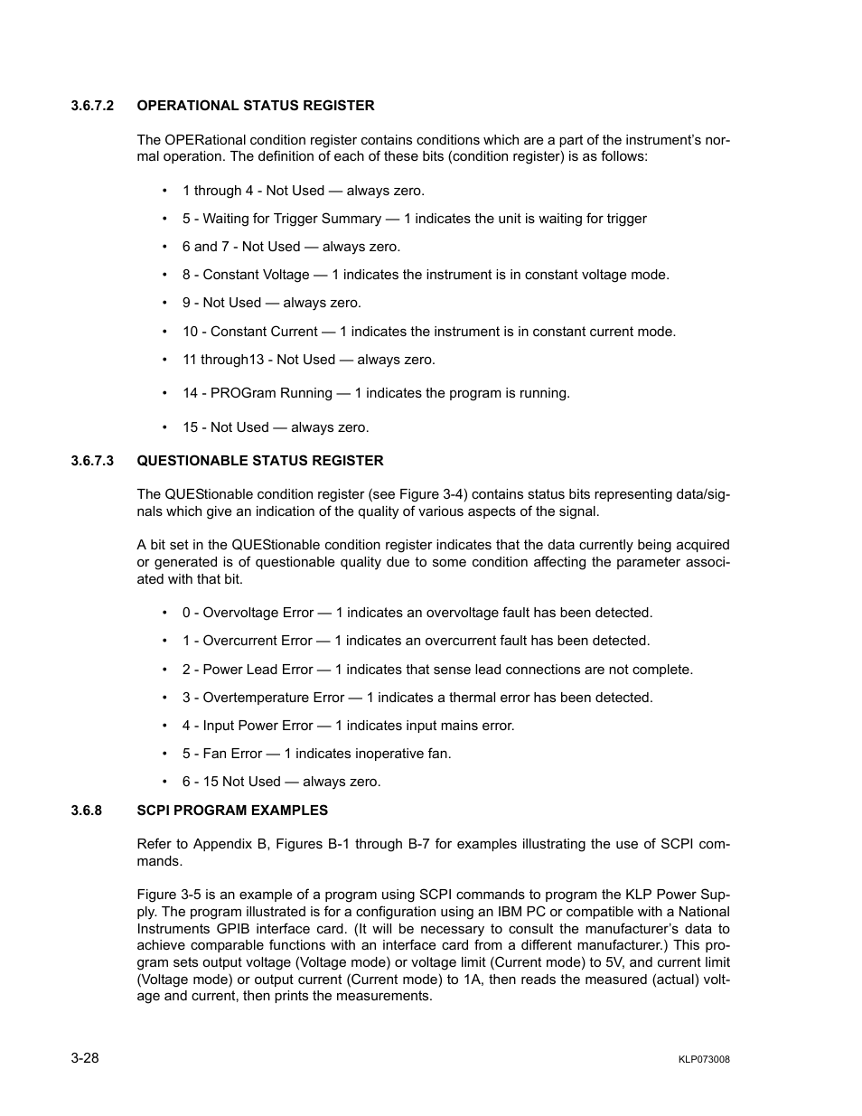 2 operational status register, 3 questionable status register, 8 scpi program examples | Operational status register -28, Questionable status register -28, Scpi program examples -28 | KEPCO KLP Series (older -1200 models) Operator Manual User Manual | Page 68 / 110