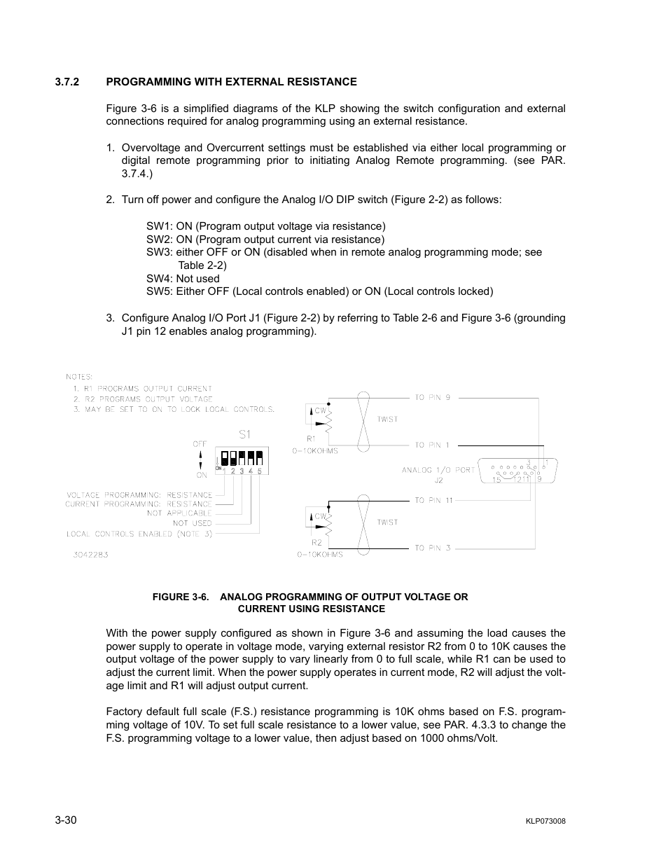 2 programming with external resistance, Programming with external resistance -30, Analog programming of output voltage or | Current using resistance -30, Ar. 3.7.2, Ar. 3.7.2), 2 for r, D 3.7.2 for | KEPCO KLP Series (older -1200 models) Operator Manual User Manual | Page 70 / 110