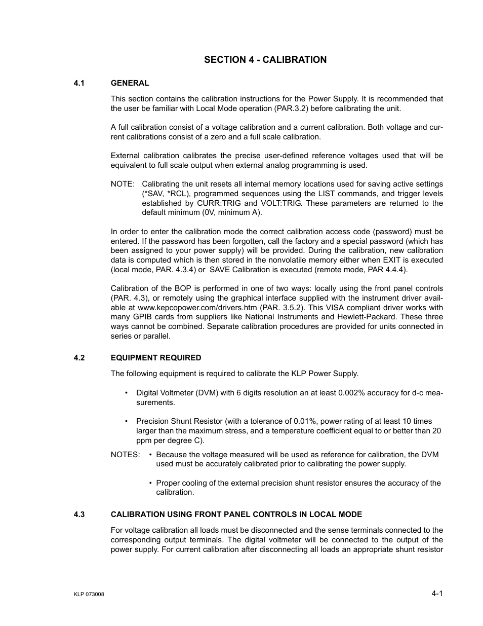 Section 4 - calibration, 1 general, 2 equipment required | General -1, Equipment required -1, R. 4.3), Ar. 4.3), R 4.3) | KEPCO KLP Series (older -1200 models) Operator Manual User Manual | Page 73 / 110