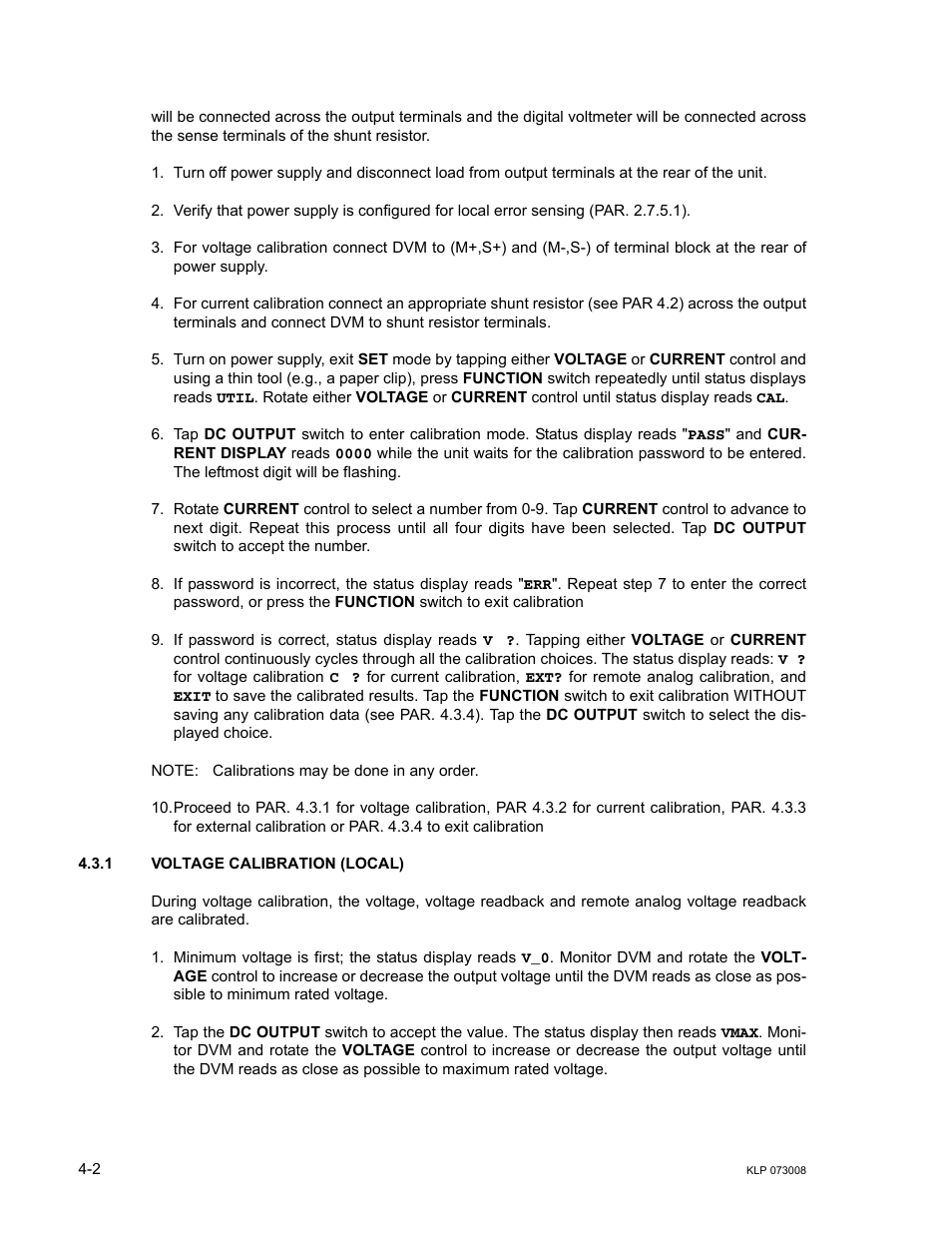 1 voltage calibration (local), Voltage calibration (local) -2 | KEPCO KLP Series (older -1200 models) Operator Manual User Manual | Page 74 / 110