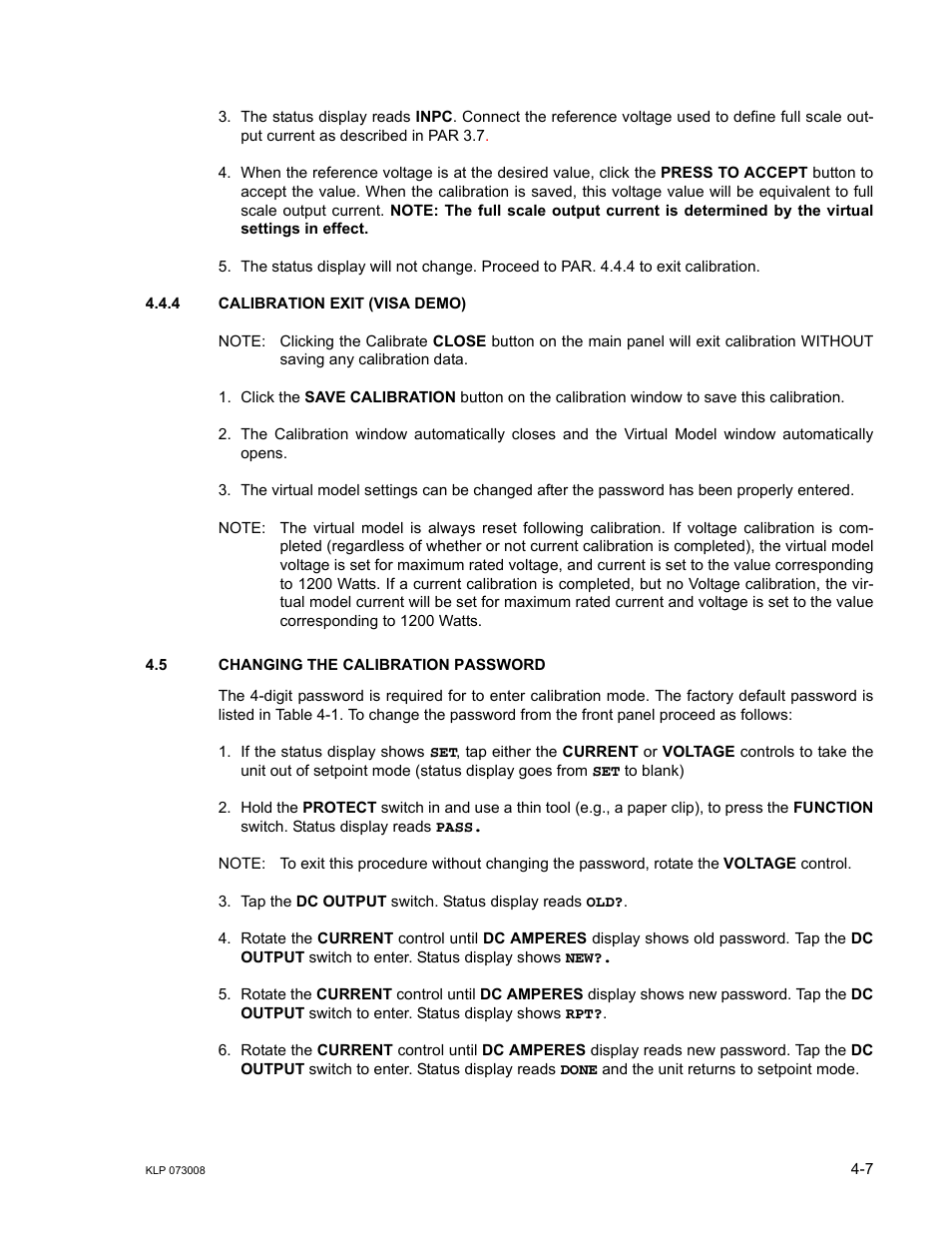 4 calibration exit (visa demo), 5 changing the calibration password, Calibration exit (visa demo) -7 | Changing the calibration password -7, R. 4.5), R. 4.4.4 | KEPCO KLP Series (older -1200 models) Operator Manual User Manual | Page 79 / 110