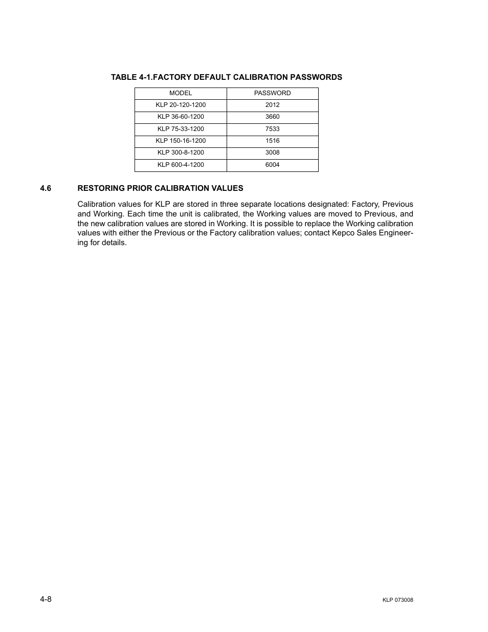 Table 4-1. factory default calibration passwords, 6 restoring prior calibration values, Restoring prior calibration values -8 | Factory default calibration passwords -8, E 4-1 | KEPCO KLP Series (older -1200 models) Operator Manual User Manual | Page 80 / 110