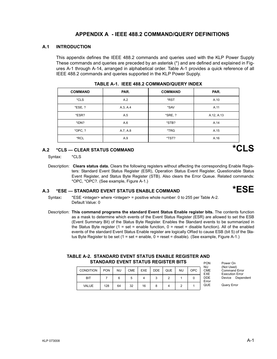 Appendix a - ieee 488.2 command/query definitions, Table a-1. ieee 488.2 command/query index, A.2 *cls — clear status command | A.3 *ese — standard event status enable command | KEPCO KLP Series (older -1200 models) Operator Manual User Manual | Page 81 / 110