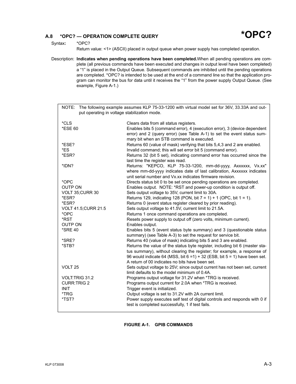 A.8 *opc? — operation complete query, Figure a-1. gpib commands, Gure a-1.) | A-1.), Figure a-1.), Re a-1, Re a-1.) as an | KEPCO KLP Series (older -1200 models) Operator Manual User Manual | Page 83 / 110