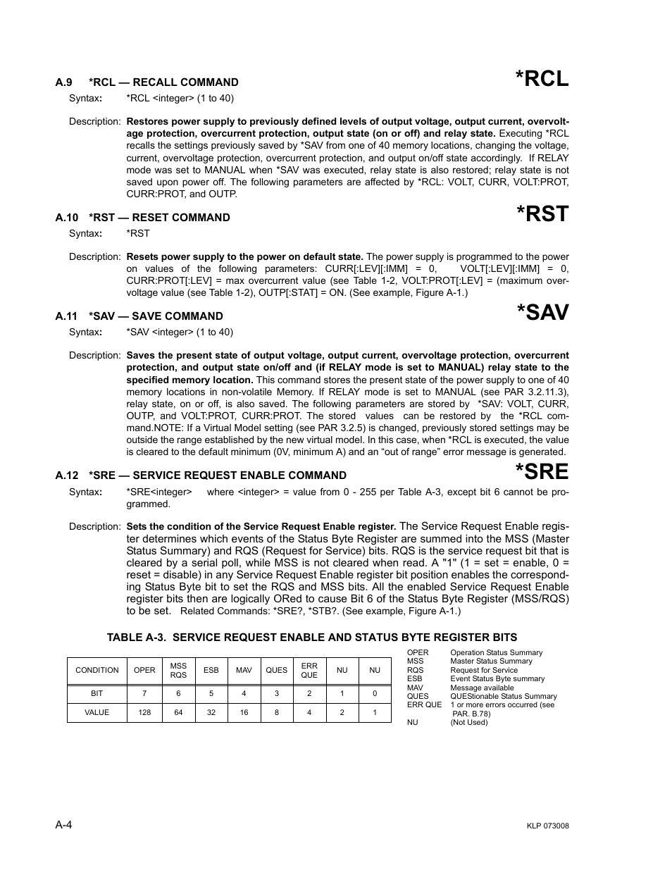 A.9 *rcl — recall command, A.10 *rst — reset command, A.11 *sav — save command | A.12 *sre — service request enable command, A.10, A.11, A.12, R. a.9) | KEPCO KLP Series (older -1200 models) Operator Manual User Manual | Page 84 / 110