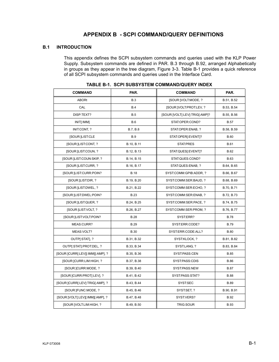 Appendix b - scpi command/query definitions, B.1 introduction, Table b-1. scpi subsystem command/query index | Endix b | KEPCO KLP Series (older -1200 models) Operator Manual User Manual | Page 87 / 110