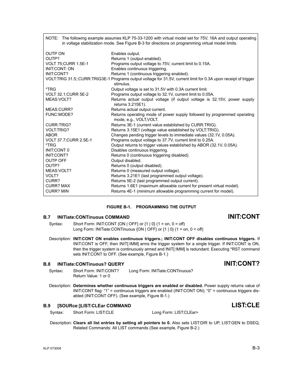 Figure b-1. programming the output, B.7 initiate:continuous command, B.8 initiate:continuous? query | B.9 [source:]list:clear command, Initi, Source, Figures b-1 throug, Init:cont, List:cle | KEPCO KLP Series (older -1200 models) Operator Manual User Manual | Page 89 / 110