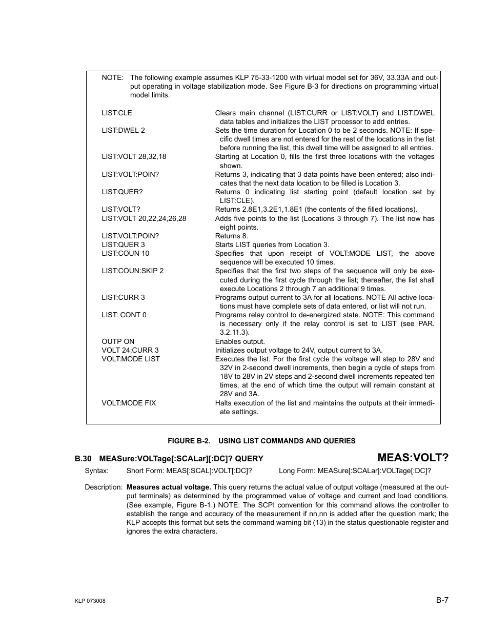 Figure b-2. using list commands and queries, B.30 measure:voltage[:scalar][:dc]? query, B.30 | Measure, B-2 illustrates the use, Re b-2, Meas:volt | KEPCO KLP Series (older -1200 models) Operator Manual User Manual | Page 93 / 110