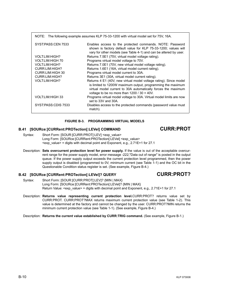 Figure b-3. programming virtual models, B.41 [source:]current:protection[:level] command, B.42 [source:]current:protection[:level]? query | B.41, Source, B.42, B.41, b.42, Re b-3, Curr:prot | KEPCO KLP Series (older -1200 models) Operator Manual User Manual | Page 96 / 110