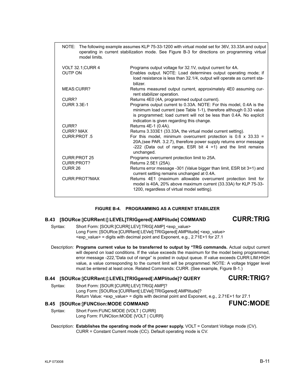 Figure b-4. programming as a current stabilizer, B.45 [source:]function:mode command, B.43 | Source, B.44, B.45, B-4.), Re b-4, Curr:trig, Func:mode | KEPCO KLP Series (older -1200 models) Operator Manual User Manual | Page 97 / 110