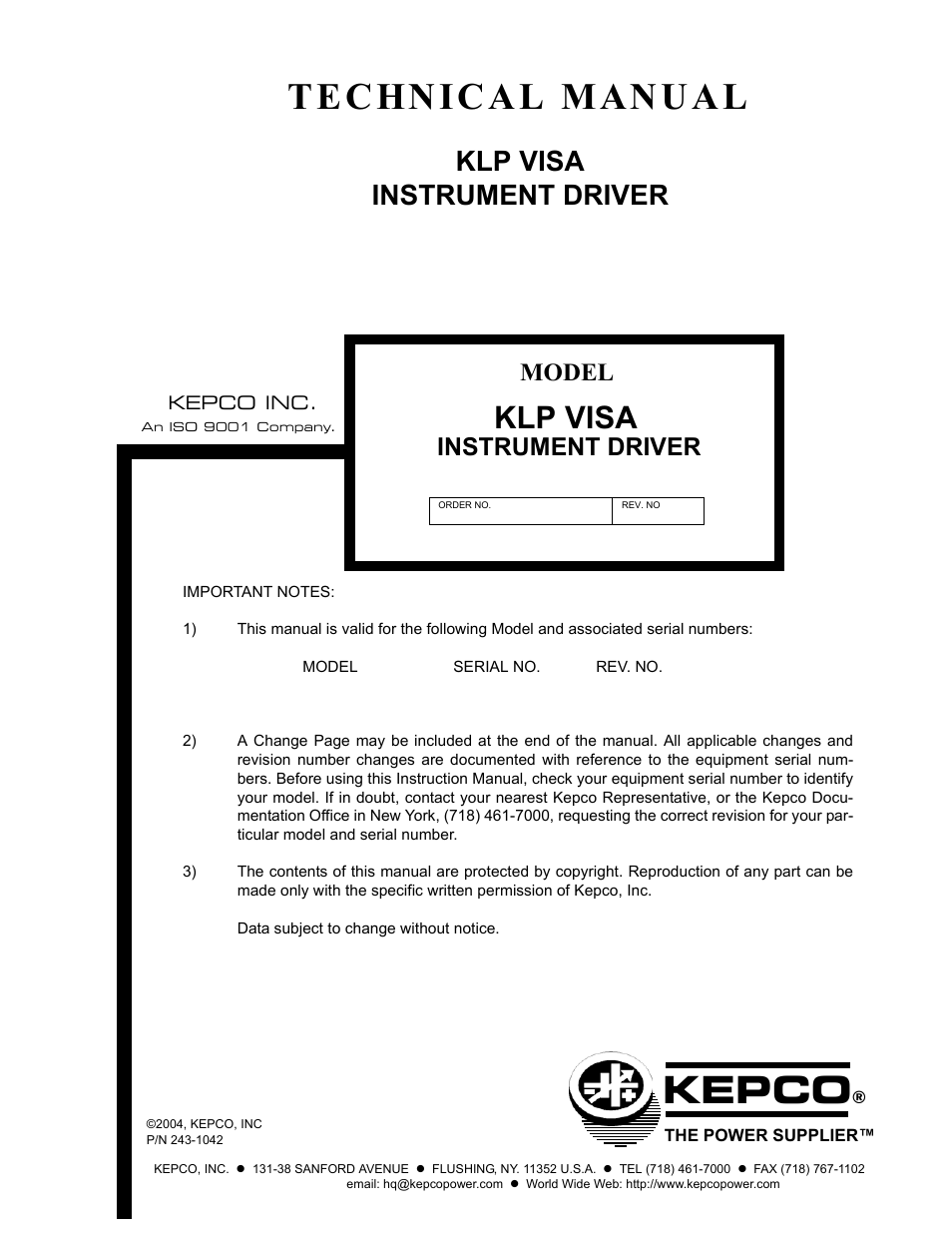 KEPCO KLP Series (older -1200 models) VISA Driver Manual User Manual | 14 pages