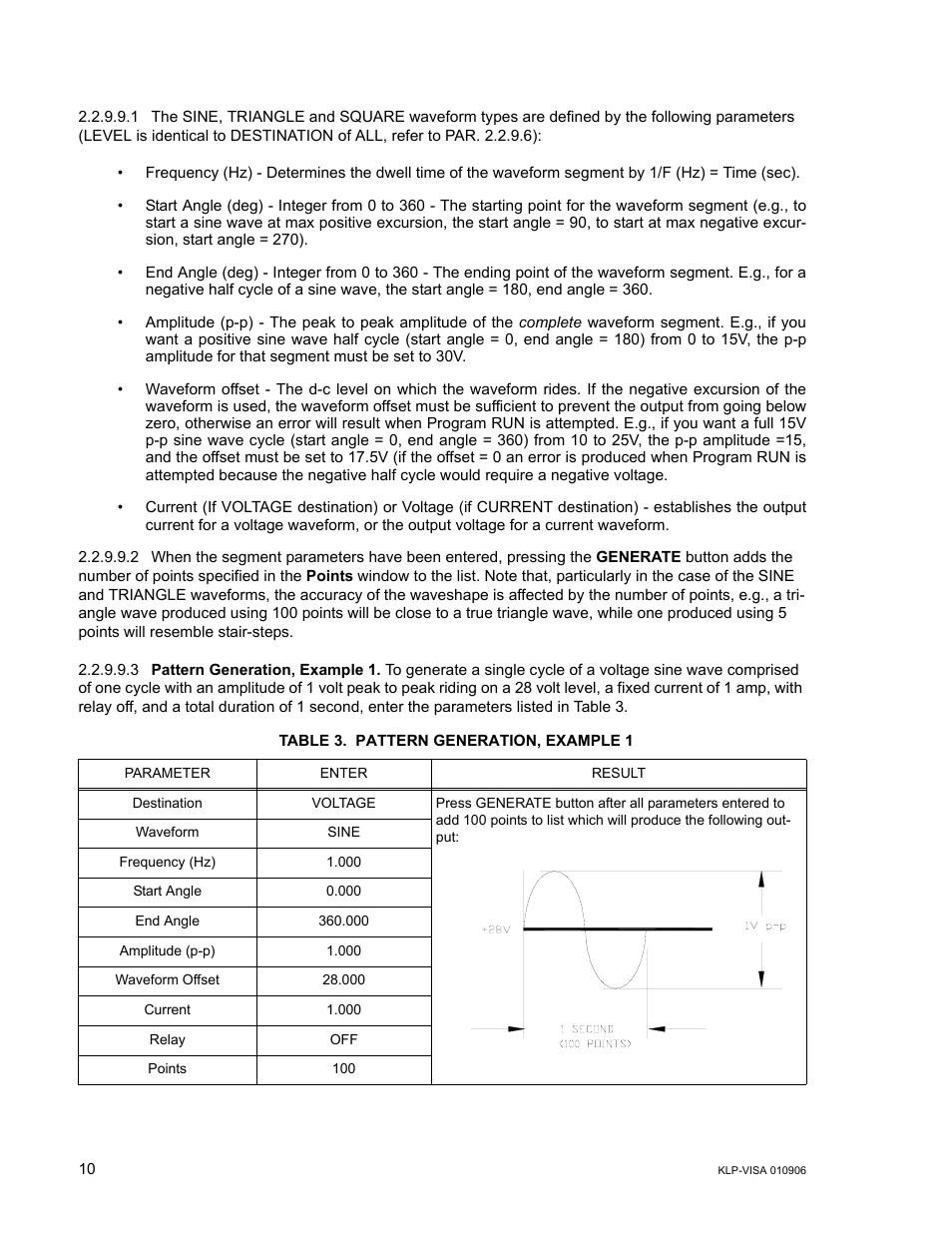 Table 3. pattern generation, example 1 | KEPCO KLP Series (older -1200 models) VISA Driver Manual User Manual | Page 10 / 14