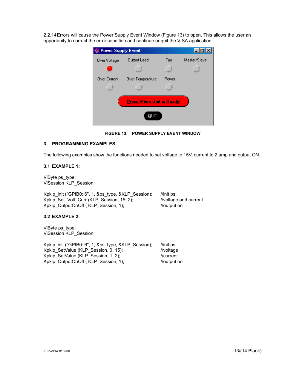 Figure 13. power supply event window, Programming examples, 1 example 1 | 2 example 2 | KEPCO KLP Series (older -1200 models) VISA Driver Manual User Manual | Page 13 / 14