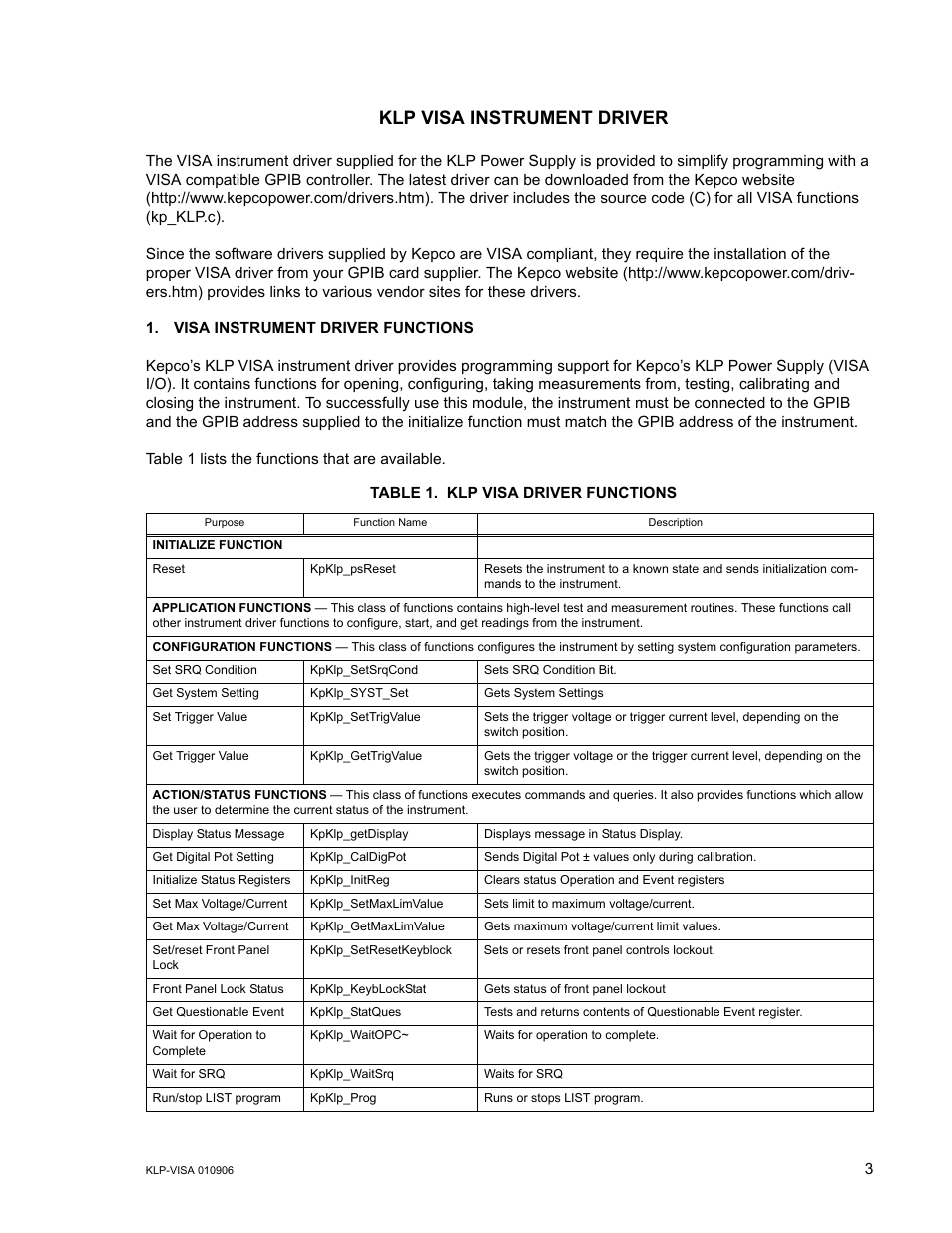 Visa instrument driver functions, Table 1. klp visa driver functions, Klp visa instrument driver | KEPCO KLP Series (older -1200 models) VISA Driver Manual User Manual | Page 3 / 14