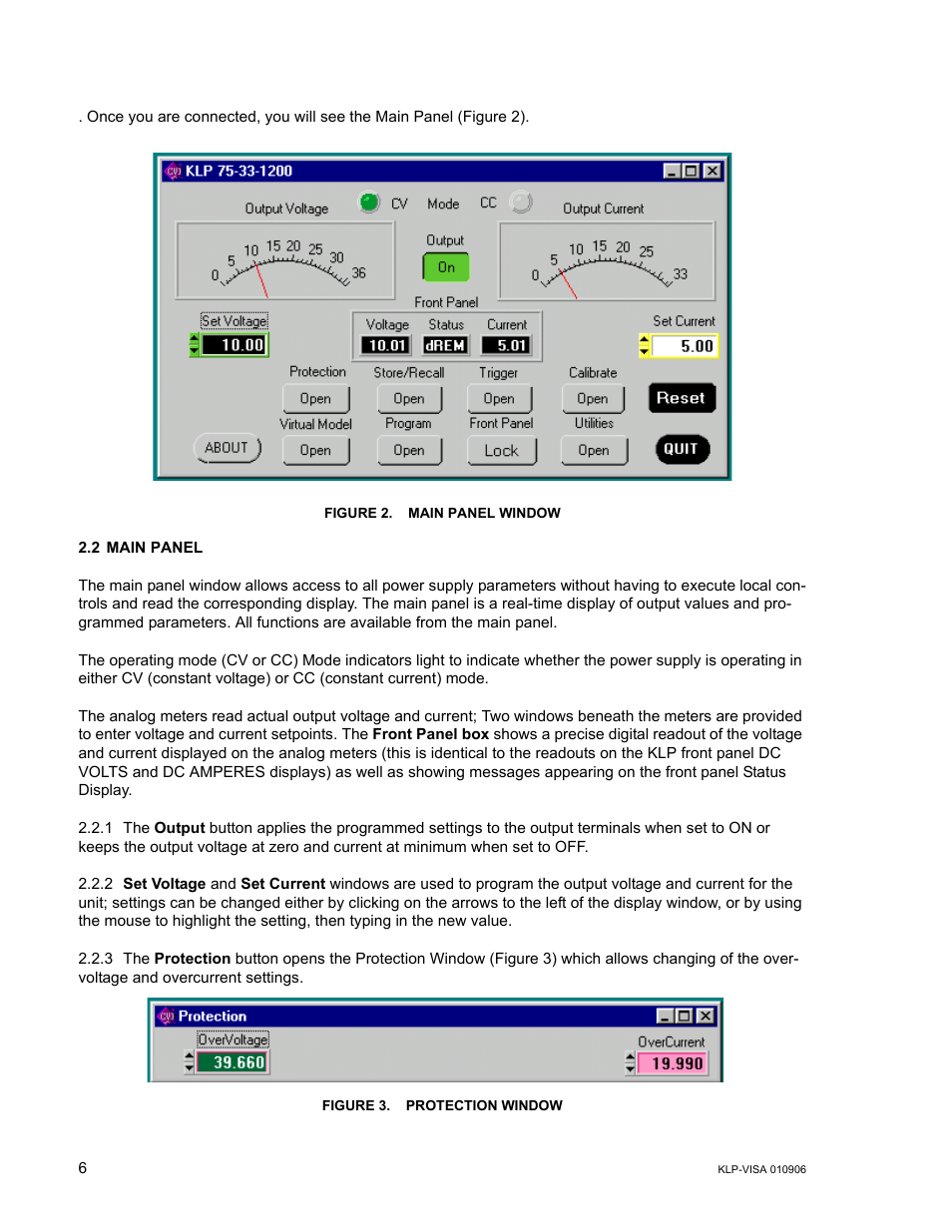 Figure 2. main panel window, 2 main panel, Figure 3. protection window | KEPCO KLP Series (older -1200 models) VISA Driver Manual User Manual | Page 6 / 14