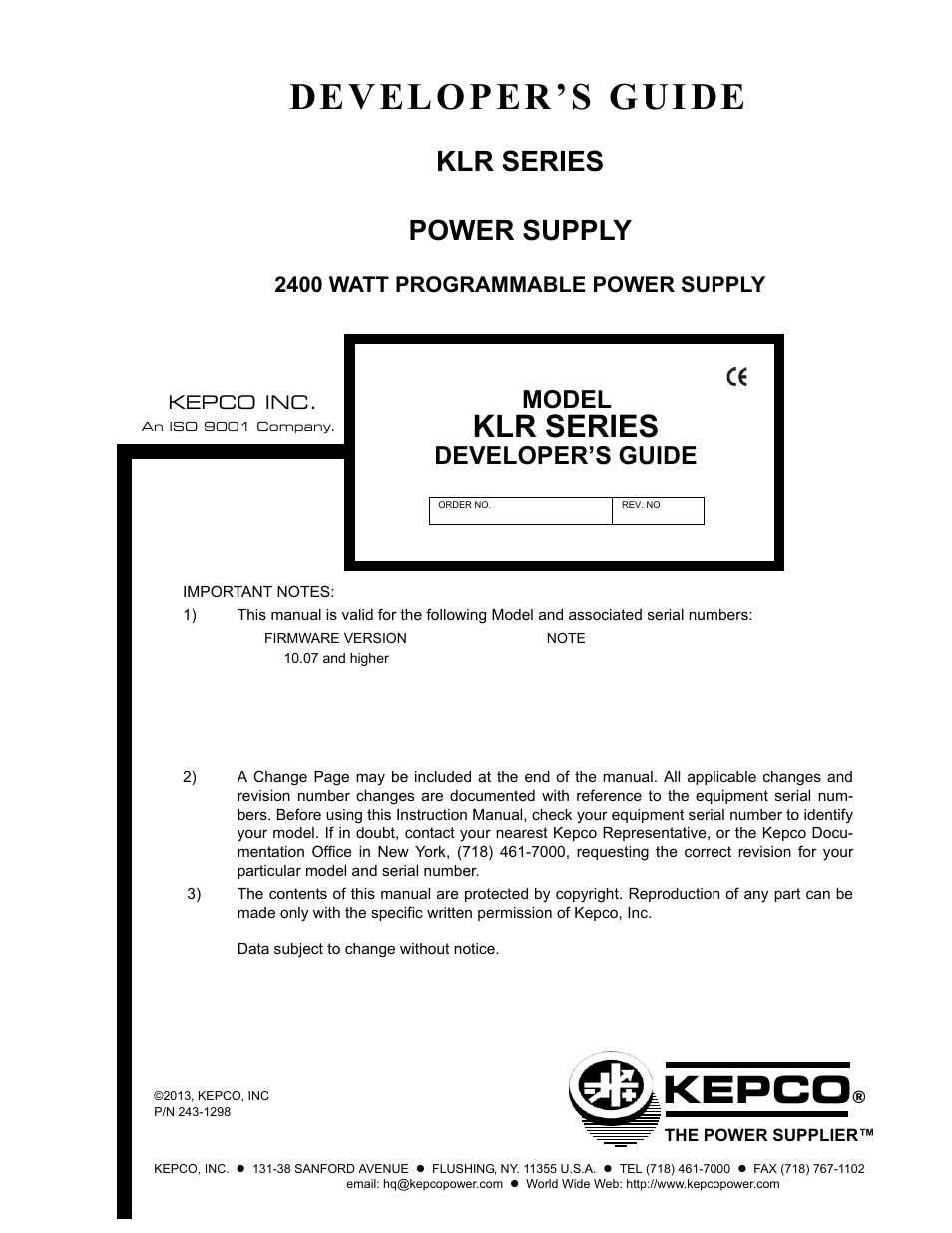 KEPCO KLR Series Developers Guide User Manual | 128 pages