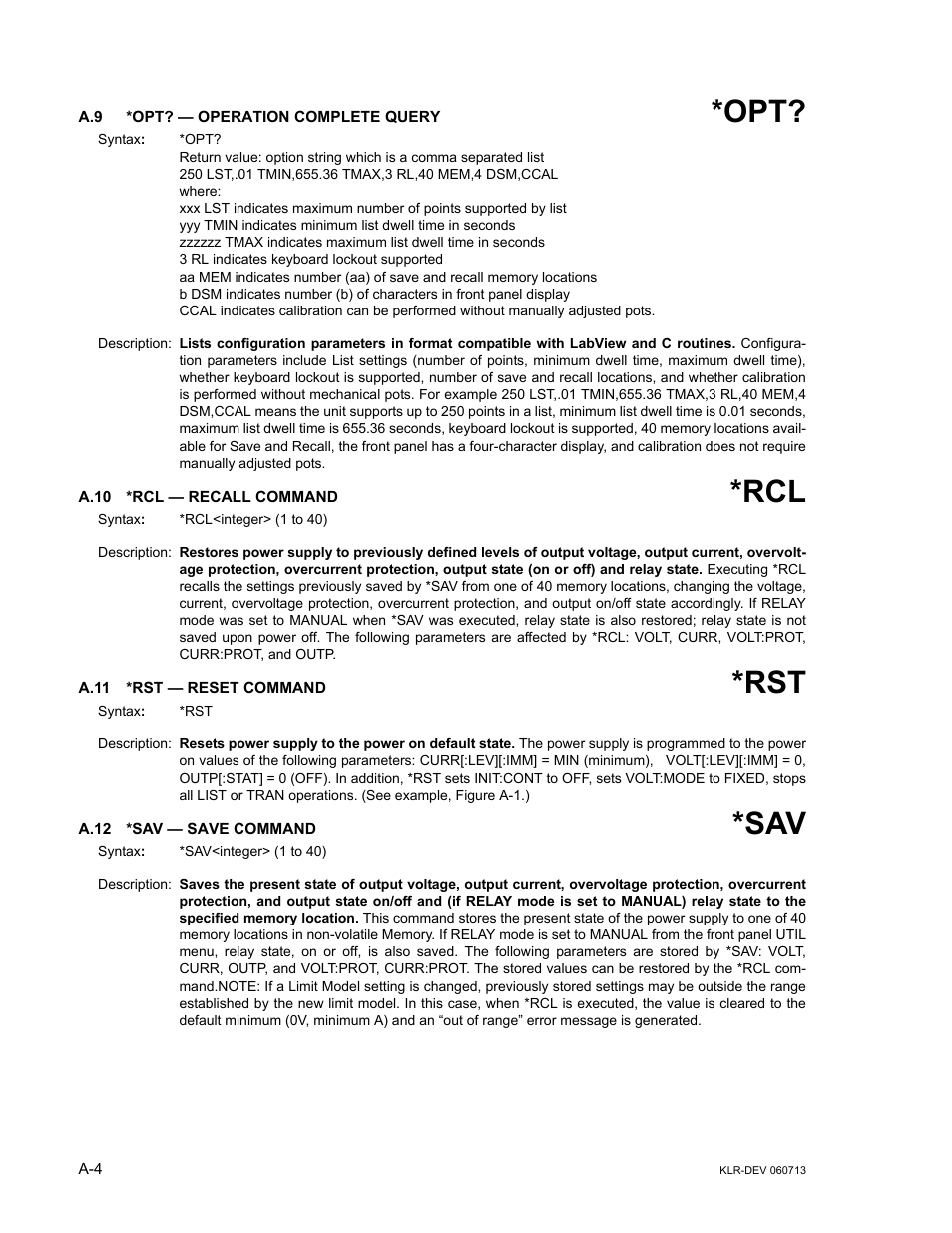 A.9 *opt? — operation complete query, A.10 *rcl — recall command, A.11 *rst — reset command | A.12 *sav — save command, A.10, A.11, A.12 | KEPCO KLR Series Developers Guide User Manual | Page 100 / 128
