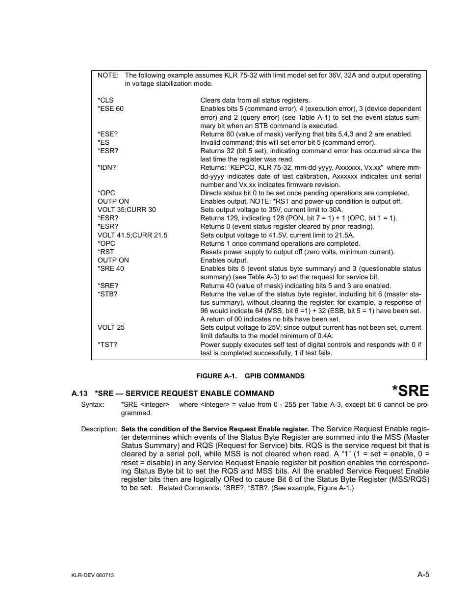 Figure a-1. gpib commands, A.13 *sre — service request enable command, A.13 | R. a.13, Nd a.13 for, Ar. a.13), R. a.13 for, Gure a-1.), A-1.), Figure a-1.) | KEPCO KLR Series Developers Guide User Manual | Page 101 / 128