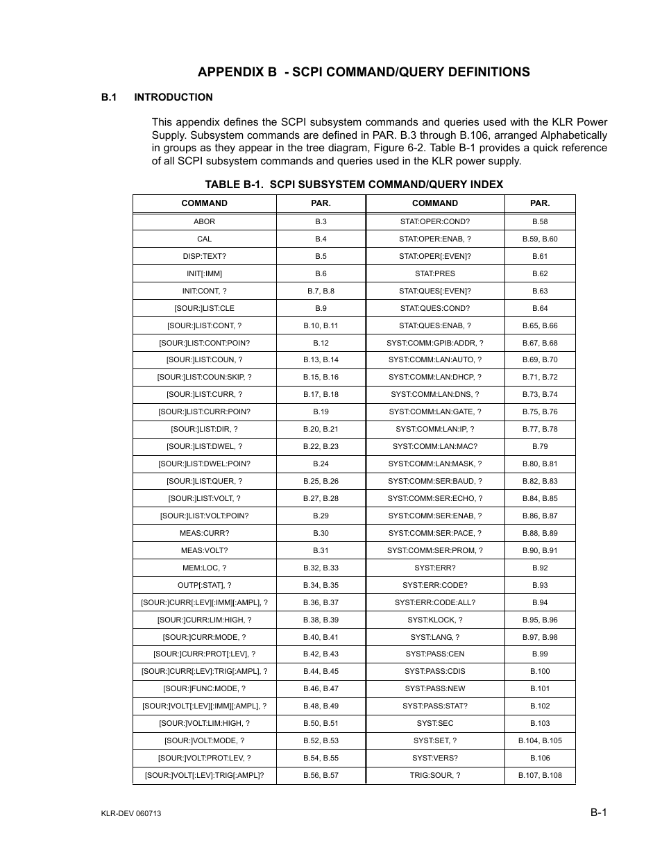 Appendix b - scpi command/query definitions, B.1 introduction, Table b-1. scpi subsystem command/query index | KEPCO KLR Series Developers Guide User Manual | Page 103 / 128