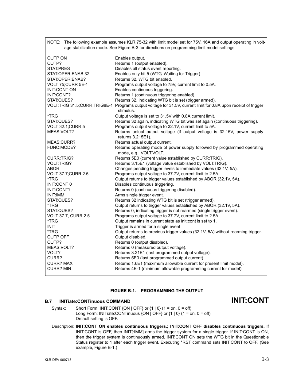 Figure b-1. programming the output, B.7 initiate:continuous command, Init | Iate, B.7, b, Init:cont | KEPCO KLR Series Developers Guide User Manual | Page 105 / 128
