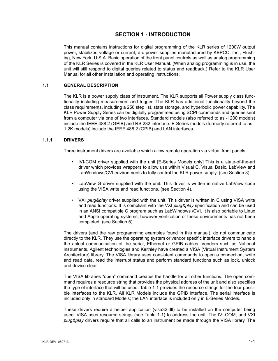 Section 1 - introduction, 1 general description, 1 drivers | General description -1, Drivers -1 | KEPCO KLR Series Developers Guide User Manual | Page 11 / 128