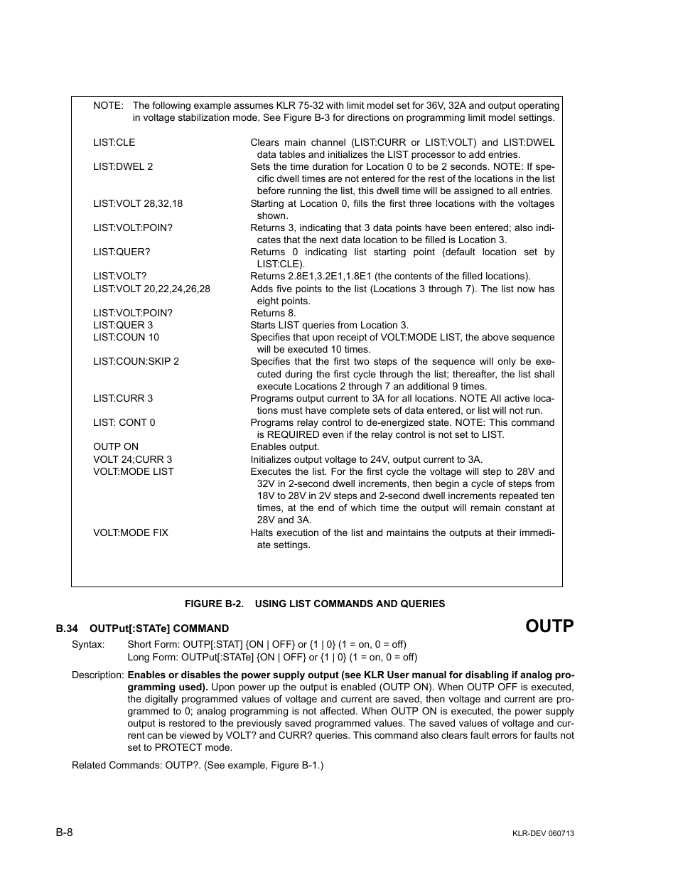Figure b-2. using list commands and queries, B.34 output[:state] command, B.34 | Outp | KEPCO KLR Series Developers Guide User Manual | Page 110 / 128