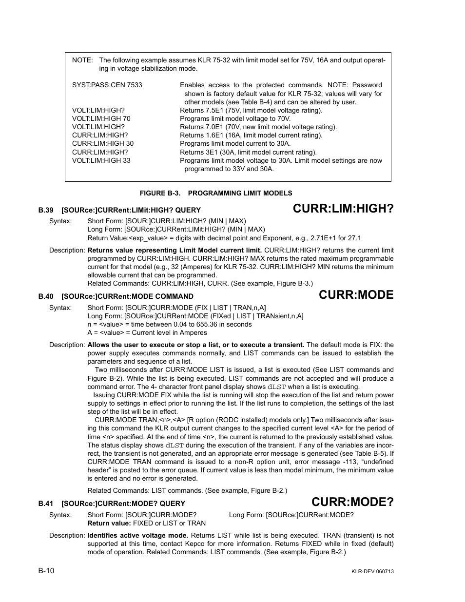 Figure b-3. programming limit models, B.39 [source:]current:limit:high? query, B.40 [source:]current:mode command | B.41 [source:]current:mode? query, B.39, Sour, B.40, B.41, B.40, b.41, Curr:lim:high | KEPCO KLR Series Developers Guide User Manual | Page 112 / 128