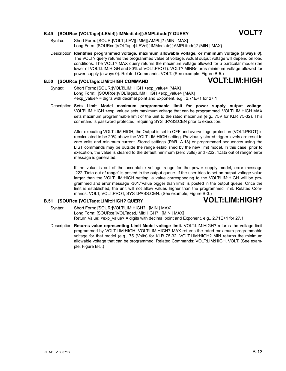 B.50 [source:]voltage:limit:high command, B.51 [source:]voltage:limit:high? query, B.49 | Sour, B.50, B.51, B.50, b.51, Volt, Volt:lim:high | KEPCO KLR Series Developers Guide User Manual | Page 115 / 128