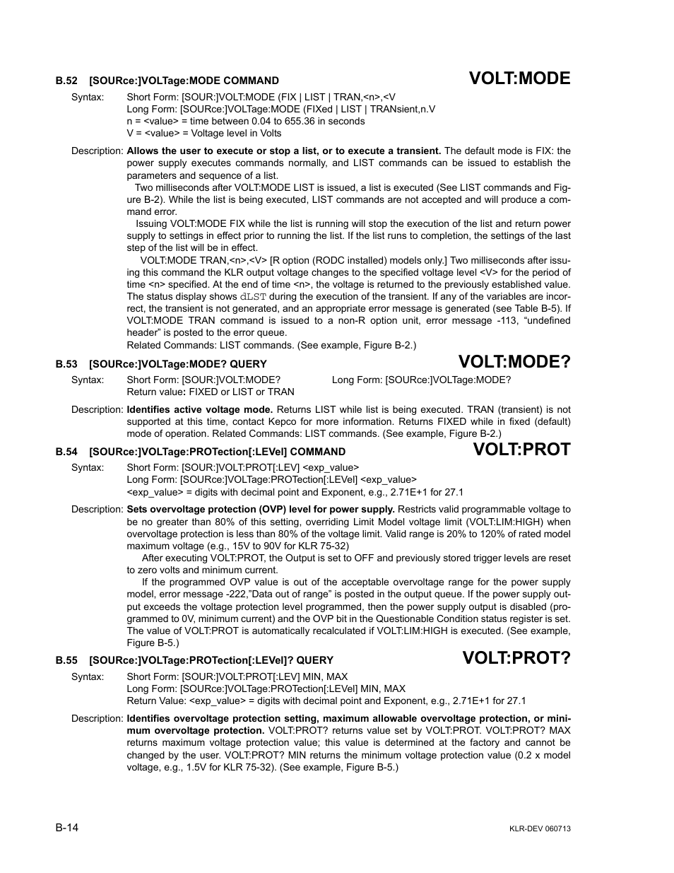 B.52 [source:]voltage:mode command, B.53 [source:]voltage:mode? query, B.54 [source:]voltage:protection[:level] command | B.55 [source:]voltage:protection[:level]? query, B.52, Sour, B.53, B.54, B.55, B.52, b.53 | KEPCO KLR Series Developers Guide User Manual | Page 116 / 128