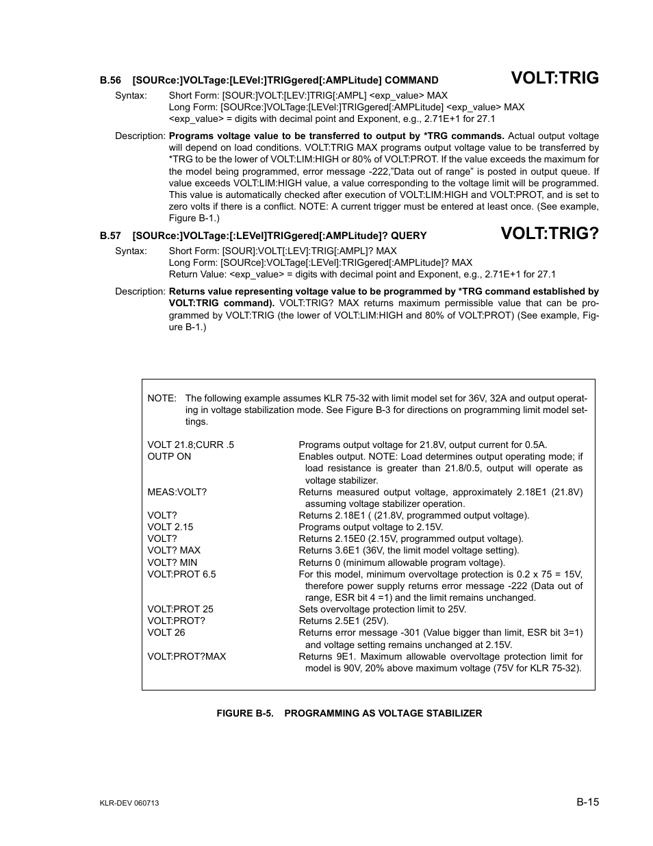 Figure b-5. programming as voltage stabilizer, B.56, Sour | B.57, B.56, b.57, Gure b-5.), Volt:trig | KEPCO KLR Series Developers Guide User Manual | Page 117 / 128