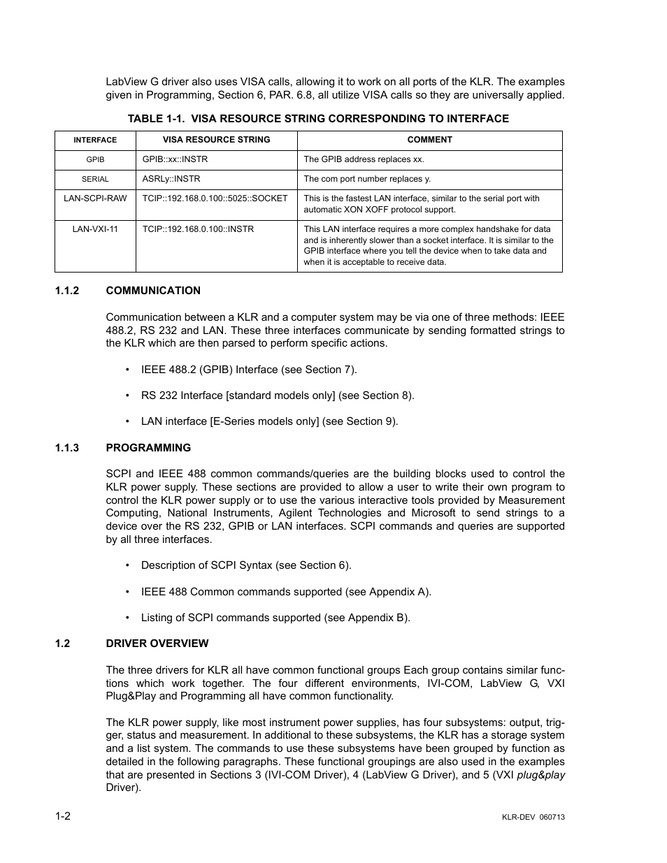 2 communication, 3 programming, 2 driver overview | Communication -2, Programming -2, Driver overview -2, Visa resource string corresponding to interface -2, Ble 1-1 provides the reso, E 1-1) to ad | KEPCO KLR Series Developers Guide User Manual | Page 12 / 128