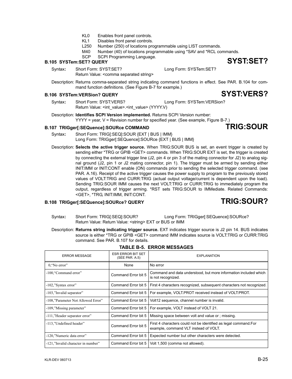 B.105 system:set? query, B.106 system:version? query, B.107 trigger[:sequence]:source command | B.108 trigger[:sequence]:source? query, Table b-5. error messages, B.105 syst, B.106 syst, B.107 trig, B.108 trig, E b-5 | KEPCO KLR Series Developers Guide User Manual | Page 127 / 128