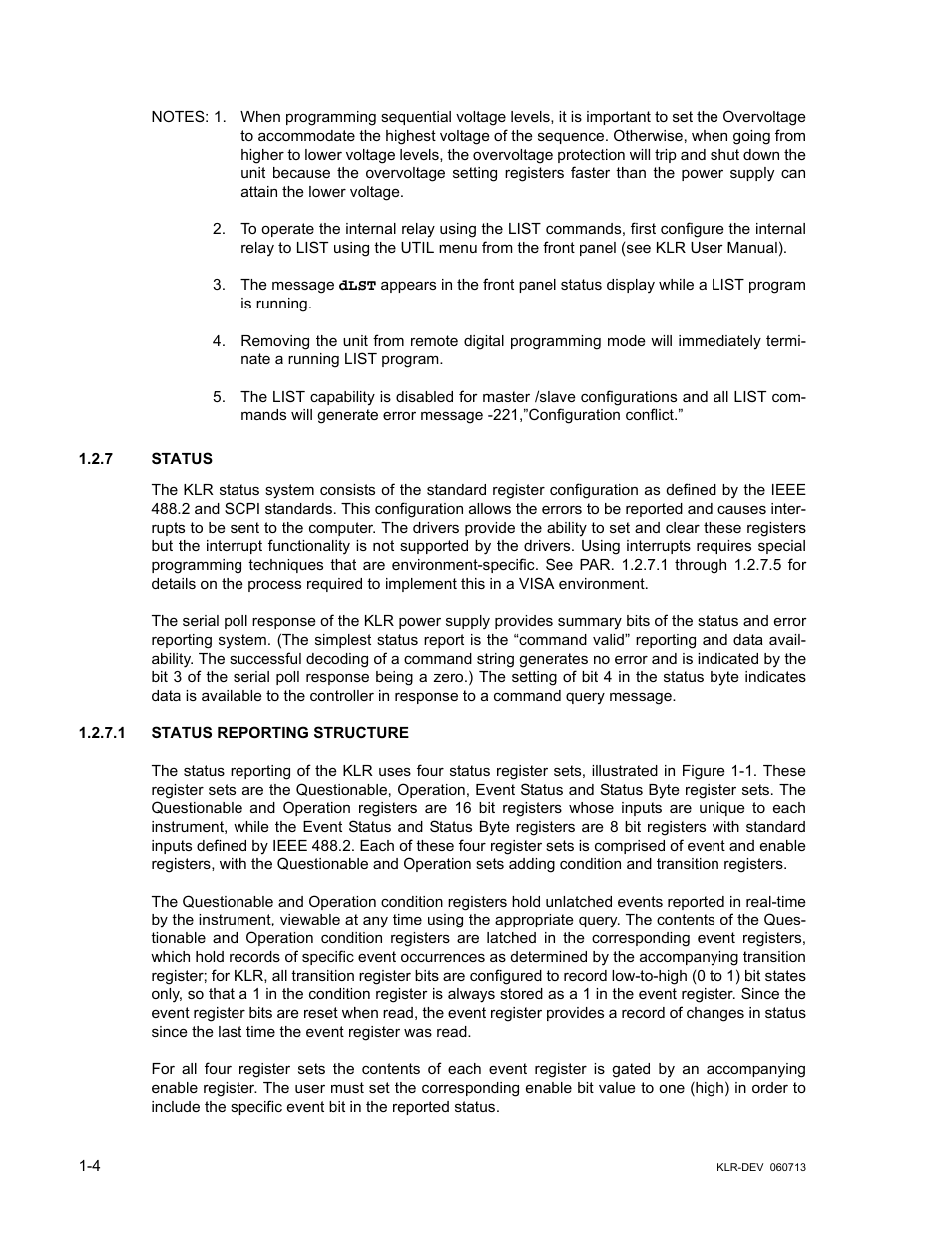 7 status, 1 status reporting structure, Status -4 | Status reporting structure -4 | KEPCO KLR Series Developers Guide User Manual | Page 14 / 128