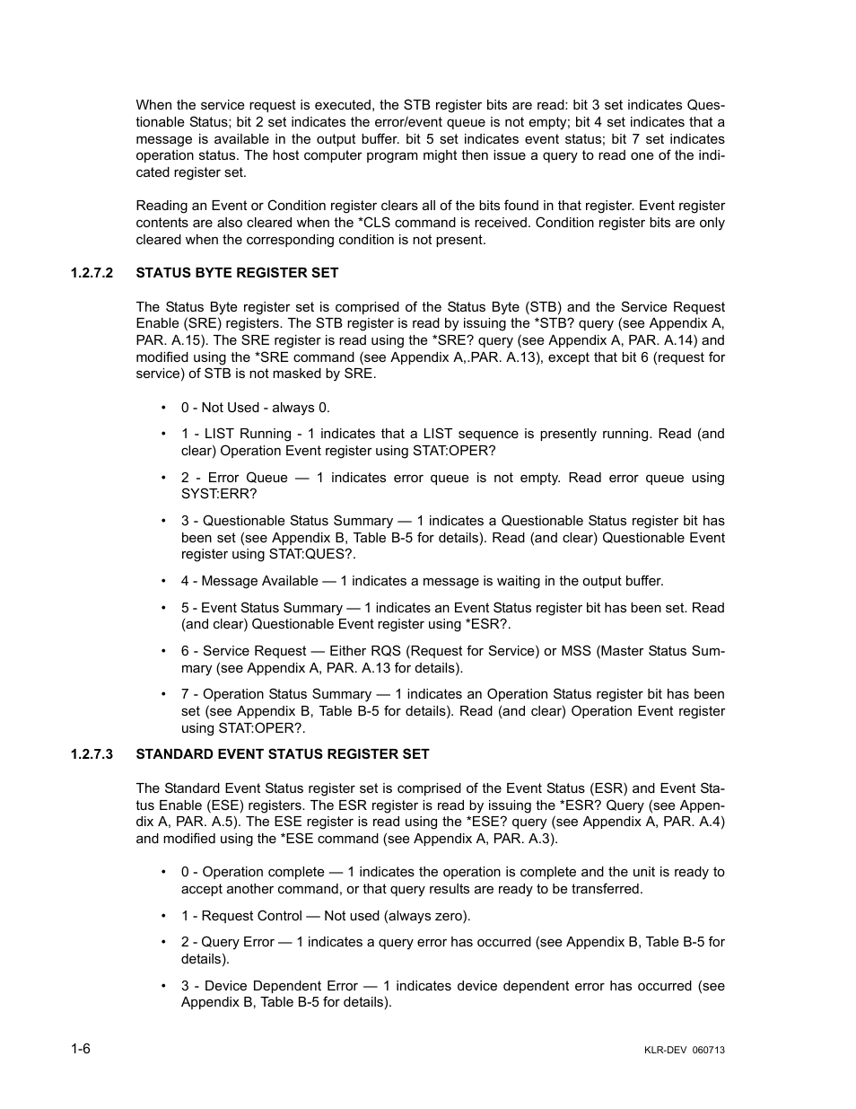2 status byte register set, 3 standard event status register set, Status byte register set -6 | Standard event status register set -6 | KEPCO KLR Series Developers Guide User Manual | Page 16 / 128