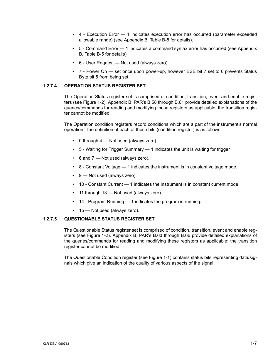 4 operation status register set, 5 questionable status register set, Operation status register set -7 | Questionable status register set -7 | KEPCO KLR Series Developers Guide User Manual | Page 17 / 128