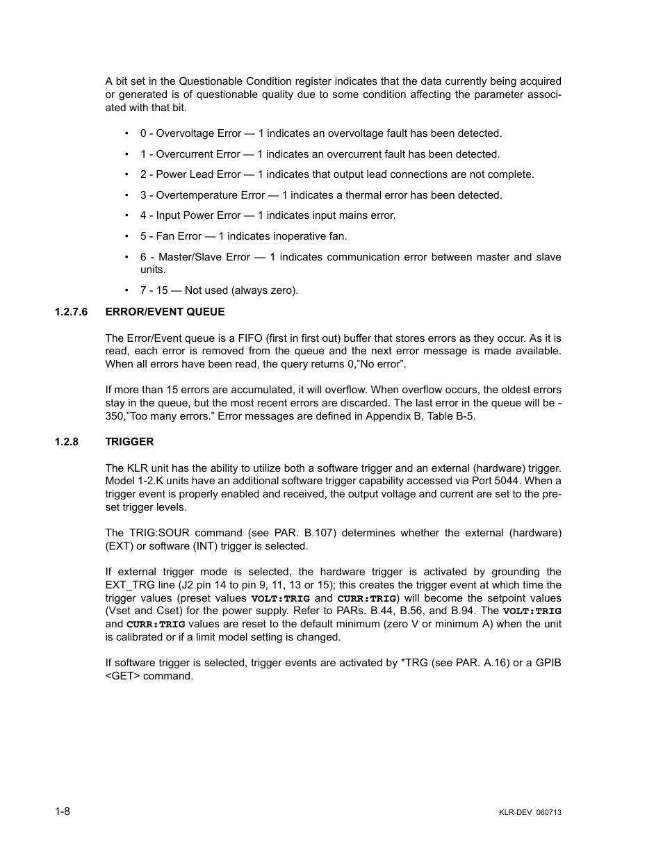 6 error/event queue, 8 trigger, Error/event queue -8 | Trigger -8 | KEPCO KLR Series Developers Guide User Manual | Page 18 / 128