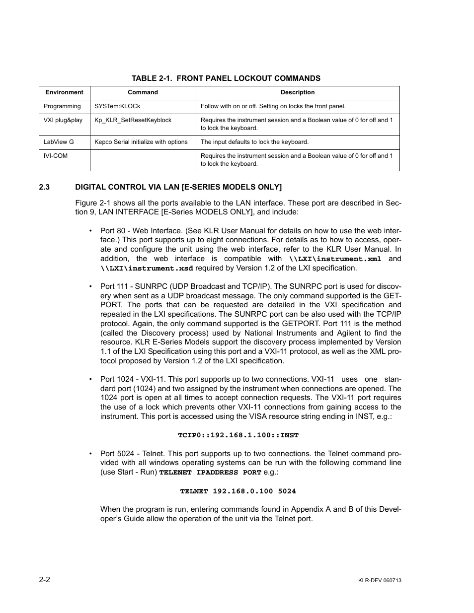 Table 2-1. front panel lockout commands, 3 digital control via lan [e-series models only, Digital control via lan [e-series models only] -2 | Front panel lockout commands -2 | KEPCO KLR Series Developers Guide User Manual | Page 20 / 128