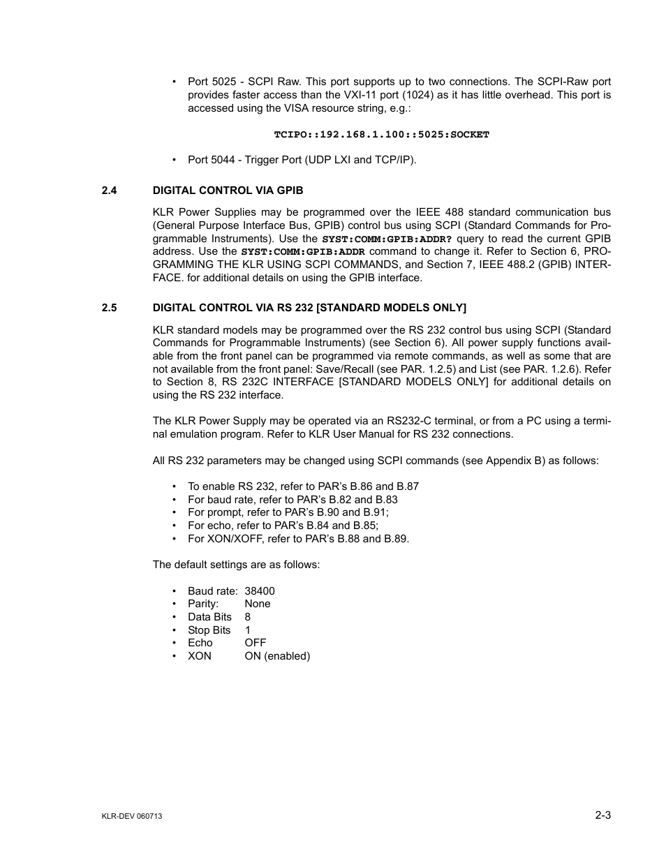 4 digital control via gpib, 5 digital control via rs 232 [standard models only, Digital control via gpib -3 | KEPCO KLR Series Developers Guide User Manual | Page 21 / 128