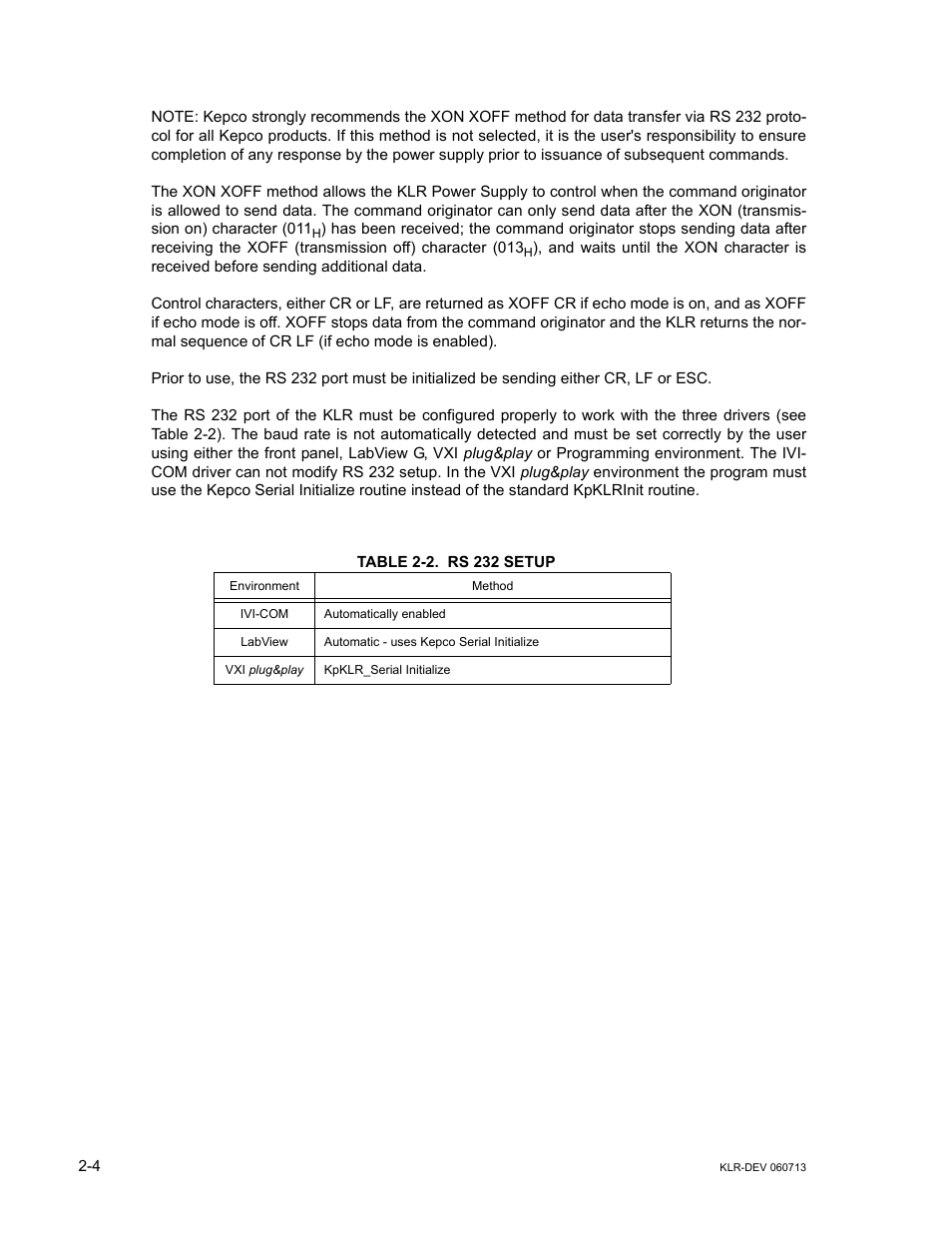 Table 2-2. rs 232 setup, Rs 232 setup -4 | KEPCO KLR Series Developers Guide User Manual | Page 22 / 128